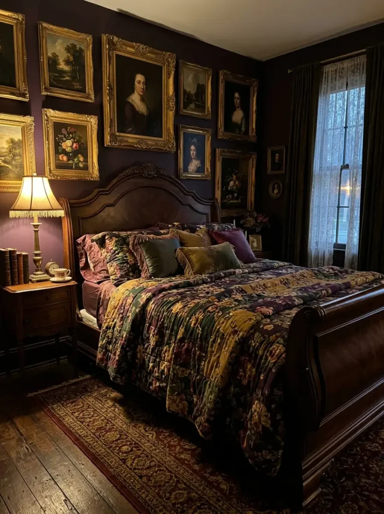 Historical bedroom with gallery wall