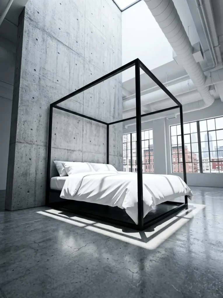 Industrial bedroom with concrete pillars and black steel frame