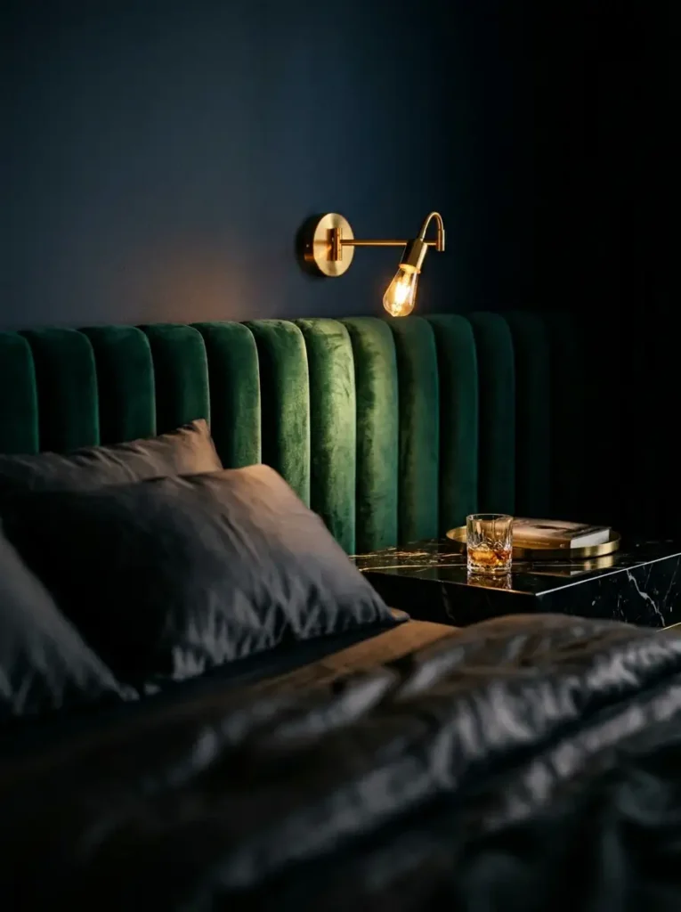 Emerald green velvet tufted headboard with a brass wall sconce and dark walls