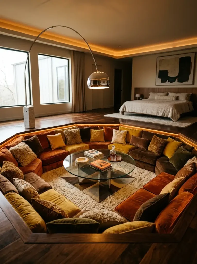 Sunken geometric lounge area with orange and brown velvet cushions below an elevated bed.