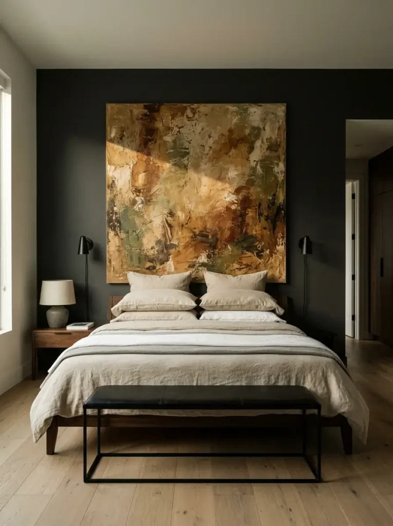 A massive oversized textured canvas hung above a bed acting as a headboard alternative against a dark accent wall.