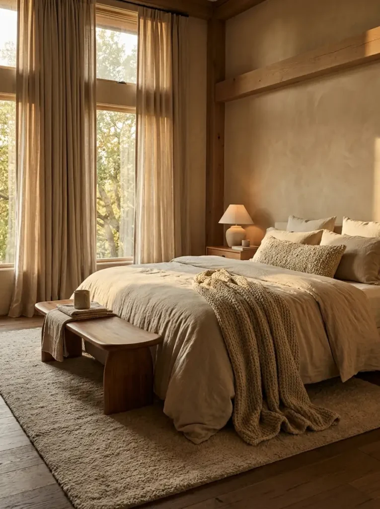 A modern layered bed featuring an unbleached hemp duvet cover and a thermal wool blanket inside a room with tall linen curtains.