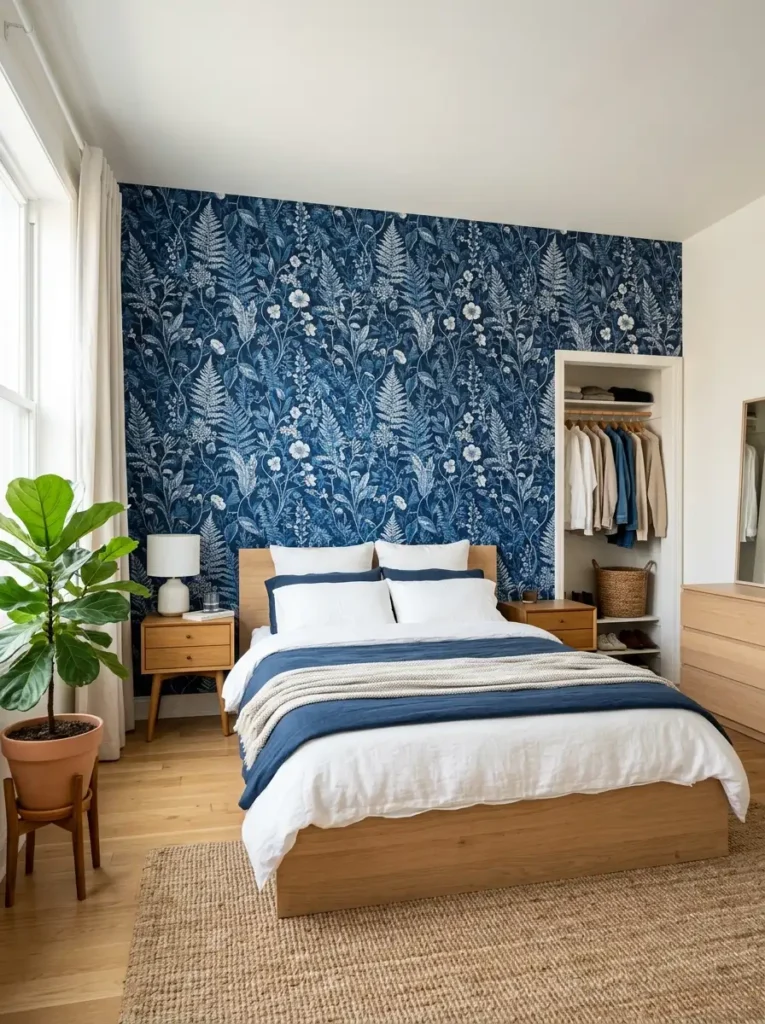Renter friendly bedroom decor featuring a moody blue botanical peel and stick mural behind a platform bed.