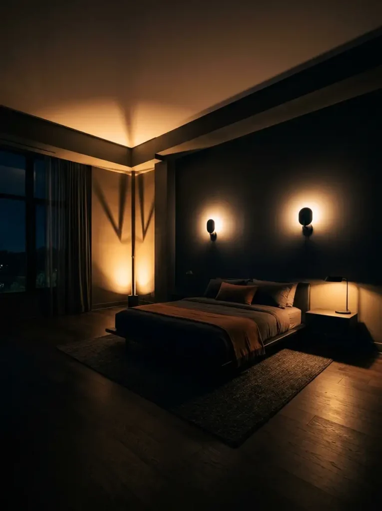 A dark moody bedroom illuminated by glowing amber wall sconces a bedside reading lamp and a floor uplight casting architectural shadows.