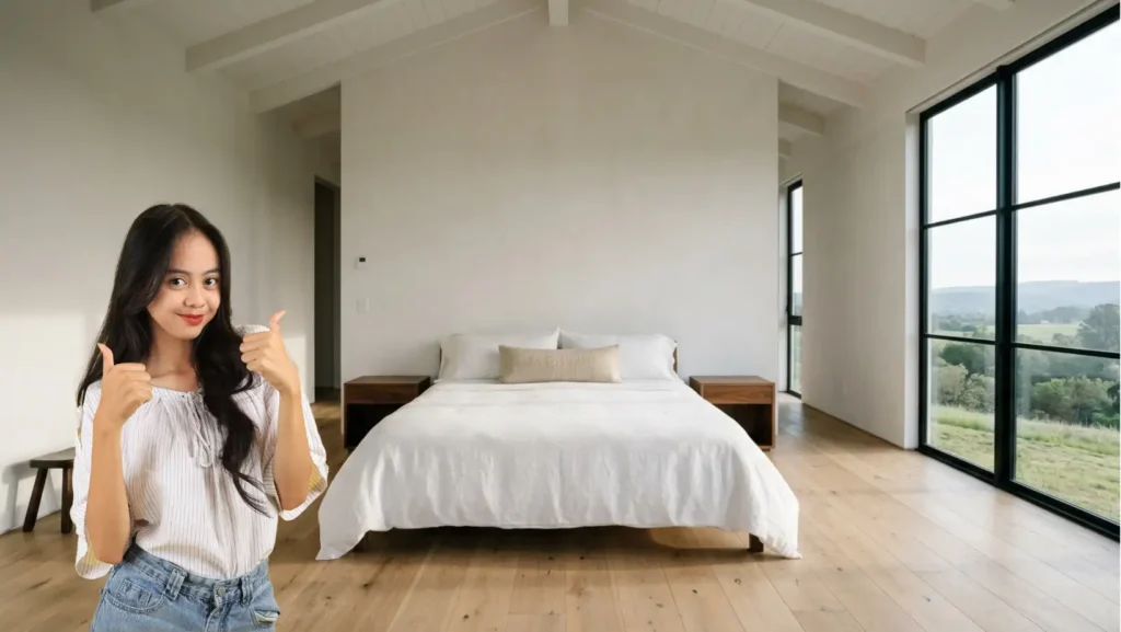 A wide view of a cozy bedroom without clutter featuring crisp white bedding clear walnut nightstands and bare walls bathed in morning sunlight.