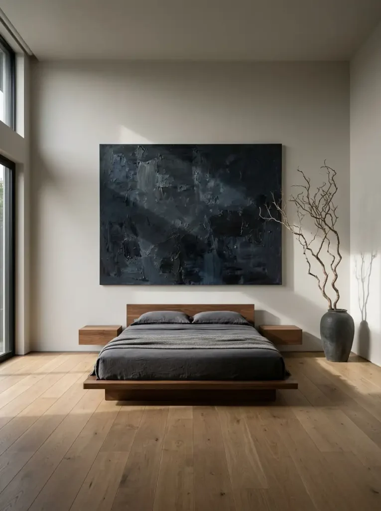 A minimalist bedroom corner featuring a single massive moody abstract canvas painting and a tall dried architectural branch in a ceramic floor vase.