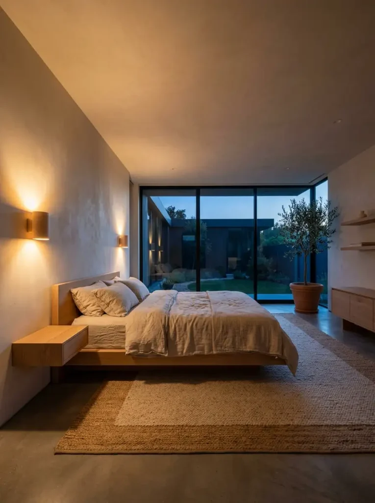 A complete view of a fully transformed cozy bedroom without clutter showcasing floating oak furniture warm ambient lighting and a potted olive tree.