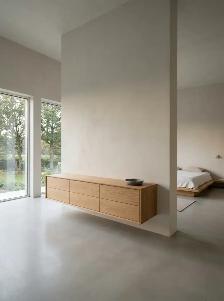 A clear floating oak dresser in a minimalist bedroom showing expansive bare plaster walls and a platform bed in the background.