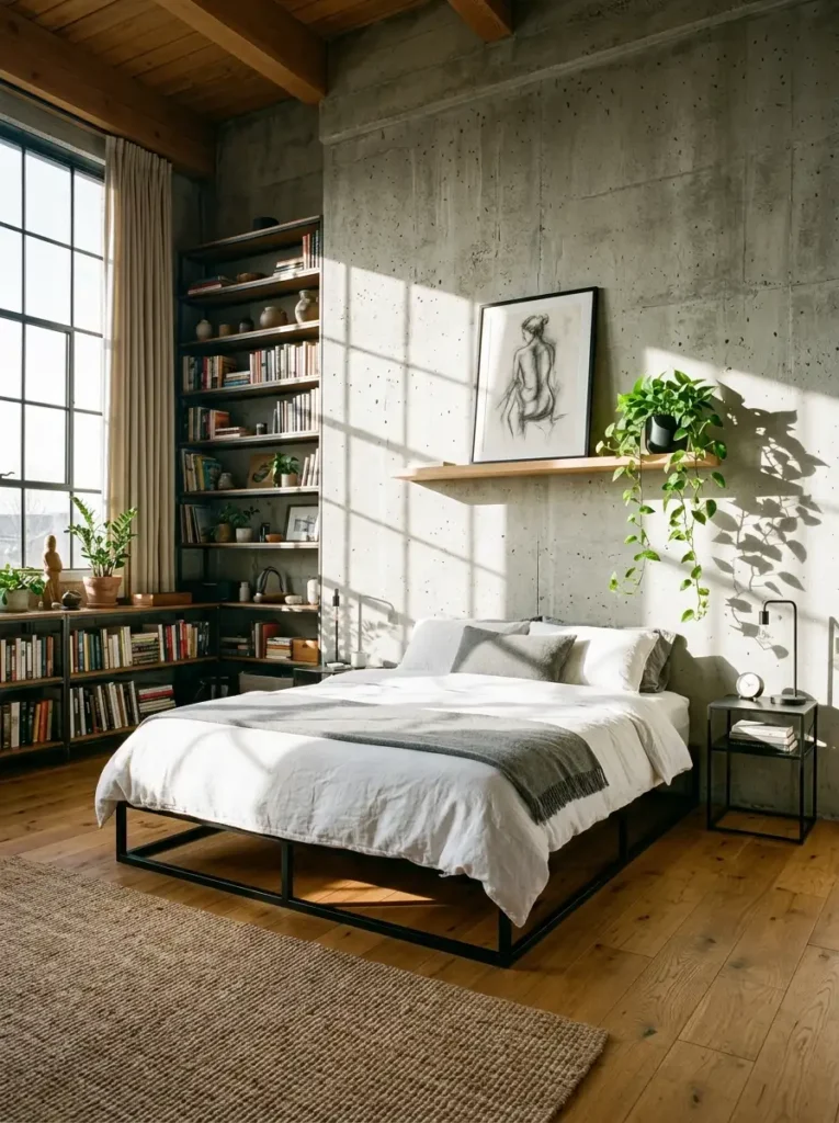 A shallow oak floating shelf styled with art and a pothos plant mounted above a bed as a space saving headboard alternative.