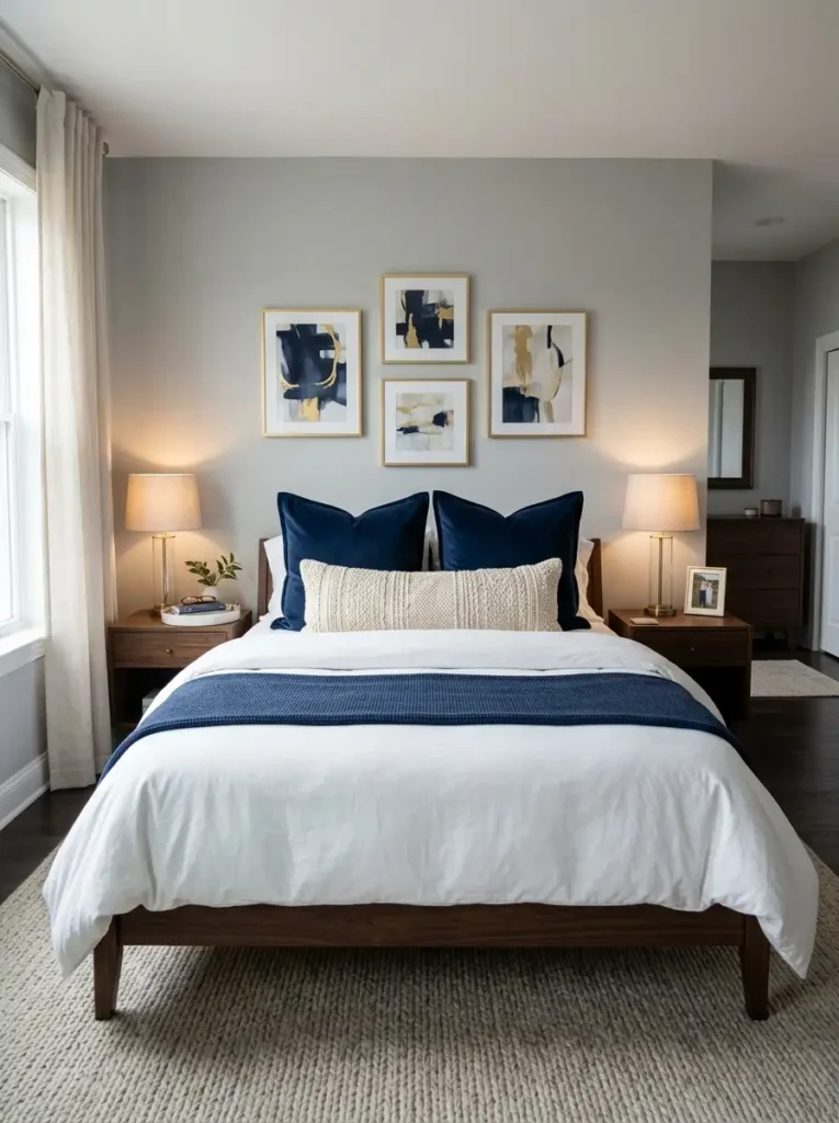 Firm navy velvet Euro shams and a long lumbar cushion arranged to create a faux upholstered backrest in a minimalist no headboard bedroom.