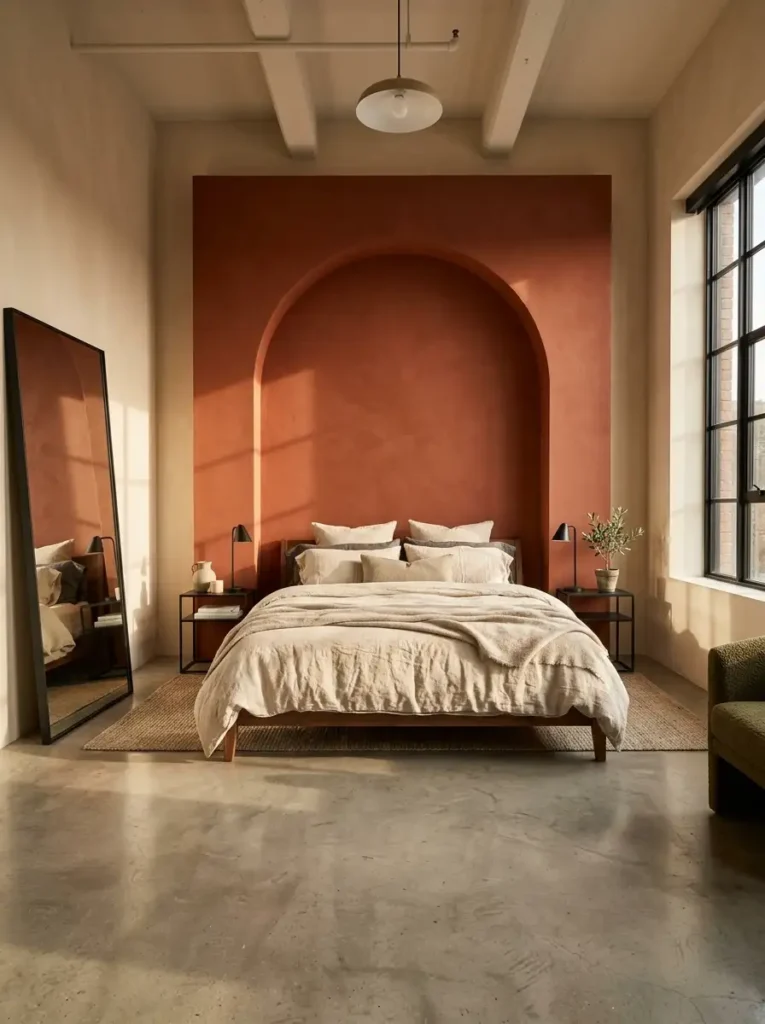 A terracotta painted arch headboard directly behind a king mattress offering a low cost architectural illusion for a modern bedroom.