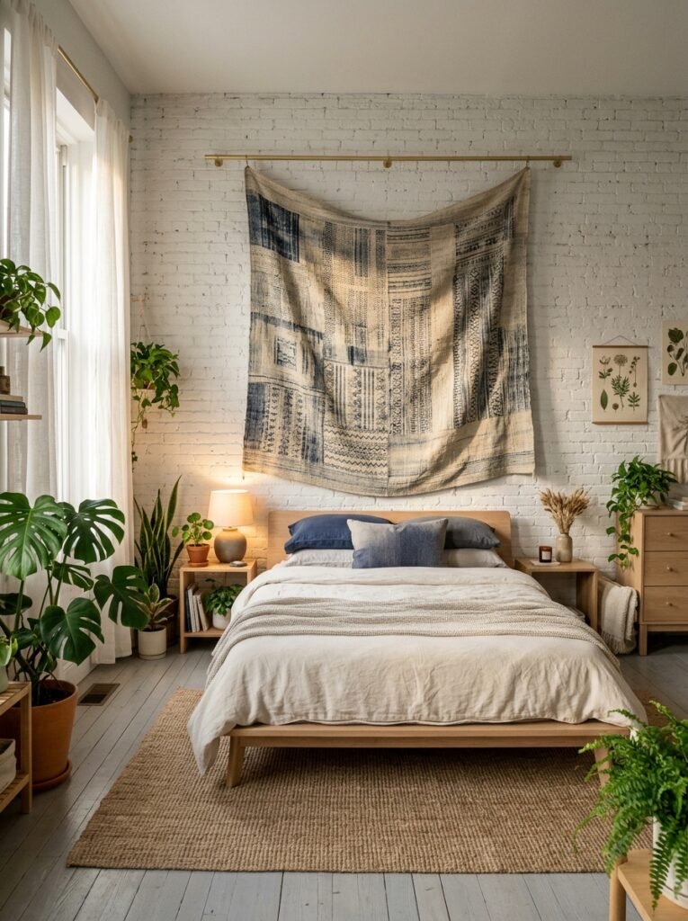 A vintage woven textile hanging from a brass curtain rod above a bed demonstrating how to decorate behind a bed with organic materials.