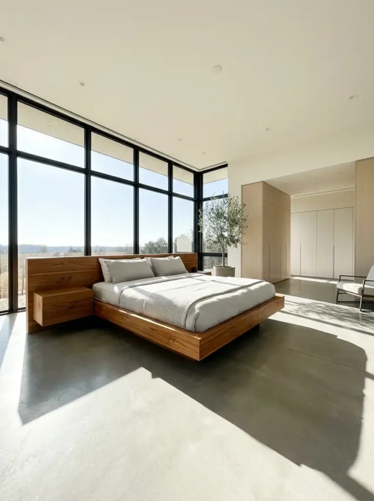 A floating teak bedframe in a spacious master bedroom with poured concrete flooring and flush wardrobe cabinets.