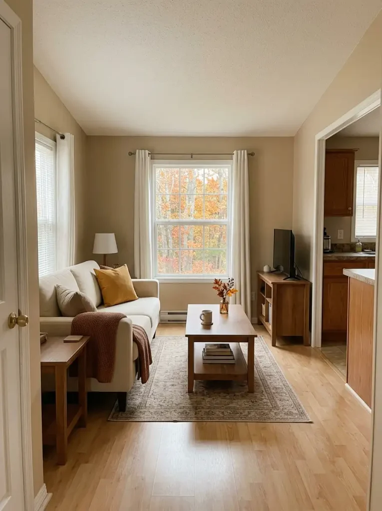 Wood coffee table with a fall tray holding small pumpkins, a candle, and dried stems in a neutral mobile home living room.