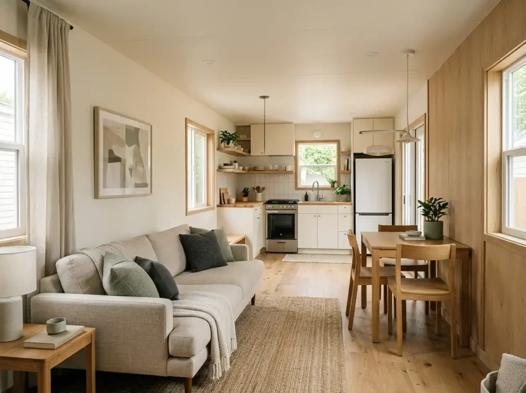 Open single wide mobile home with connected living, dining, and kitchen zones arranged in a balanced narrow floor plan.
