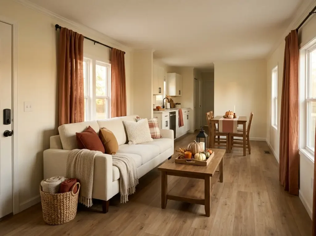 Cozy single wide mobile home living room decorated for fall with rust textiles, pumpkins, warm wood, woven baskets, and connected dining space.