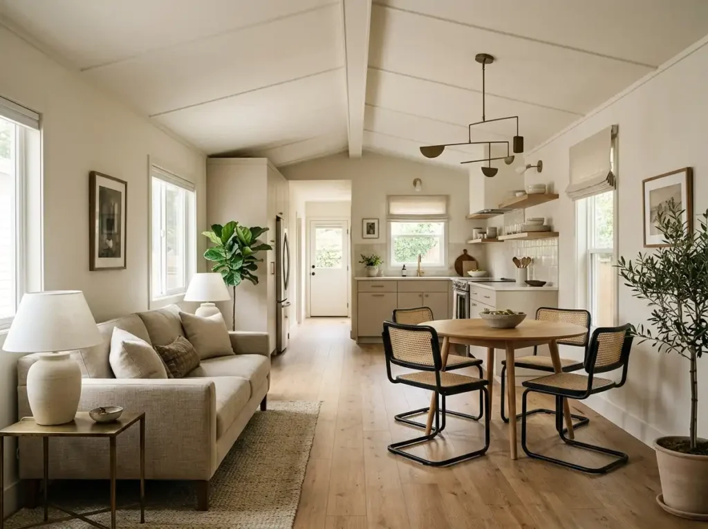 Renovated modern single wide interior with connected living, dining, and kitchen spaces in warm neutral finishes.