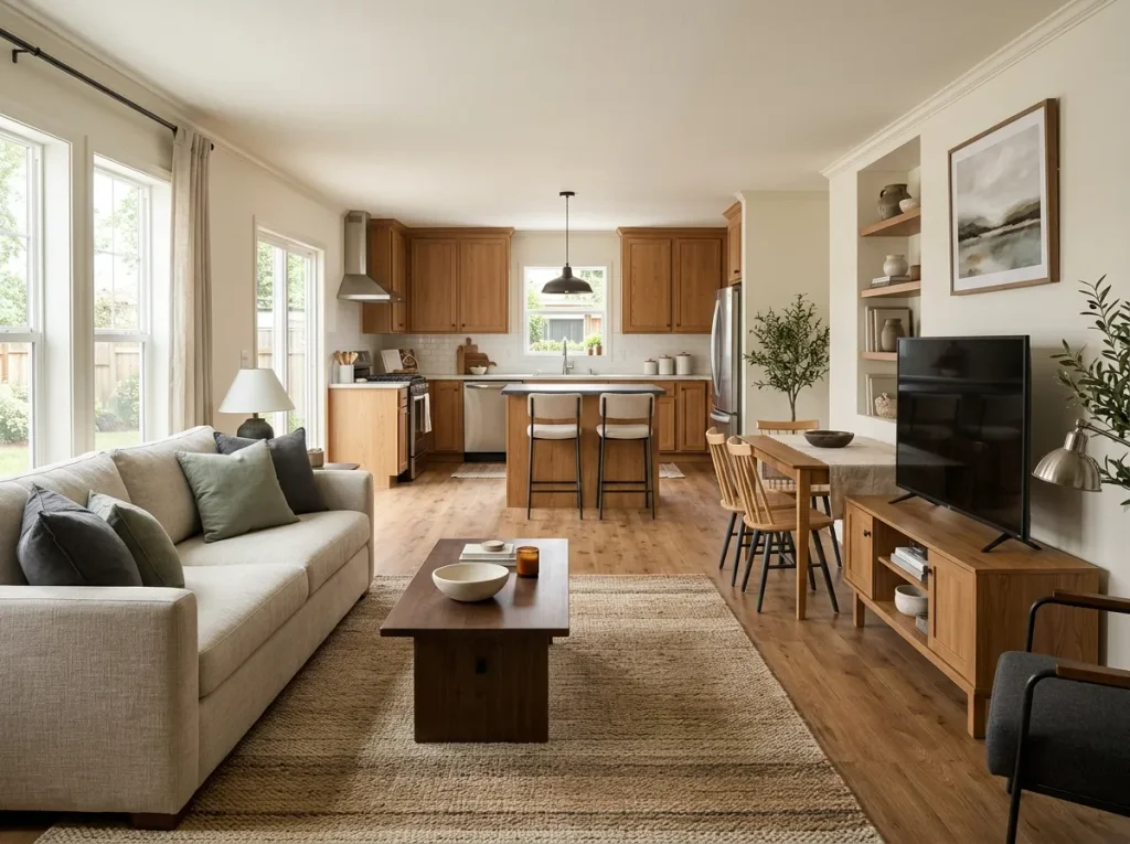 A pulled-together double wide relies on repeated finishes, controlled focal points, and clear relationships between connected rooms—not identical decorating.