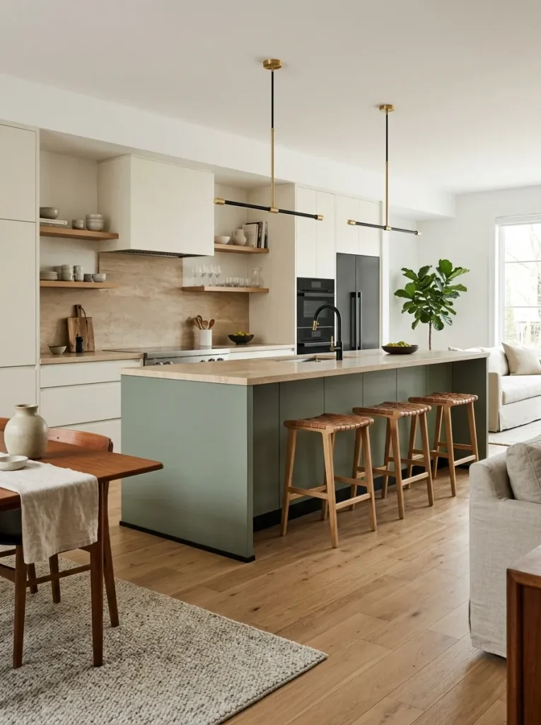 Modern double wide kitchen island with finished end panels, calm seating face, aligned lighting, and clear circulation.