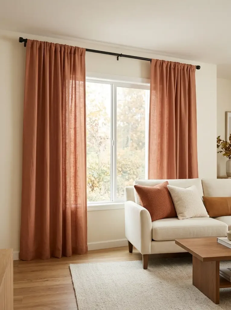 Single wide living room window with open terracotta curtains, natural daylight, cream sofa, warm wood, and subtle fall accents.
