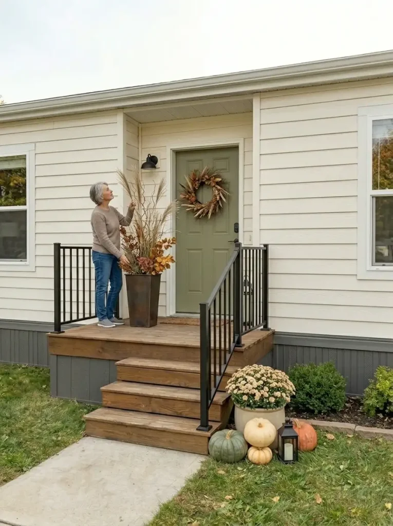 Fall mobile home porch with tall planter, dried grasses, pumpkins, wreath, and lantern creating vertical balance beside the front door.