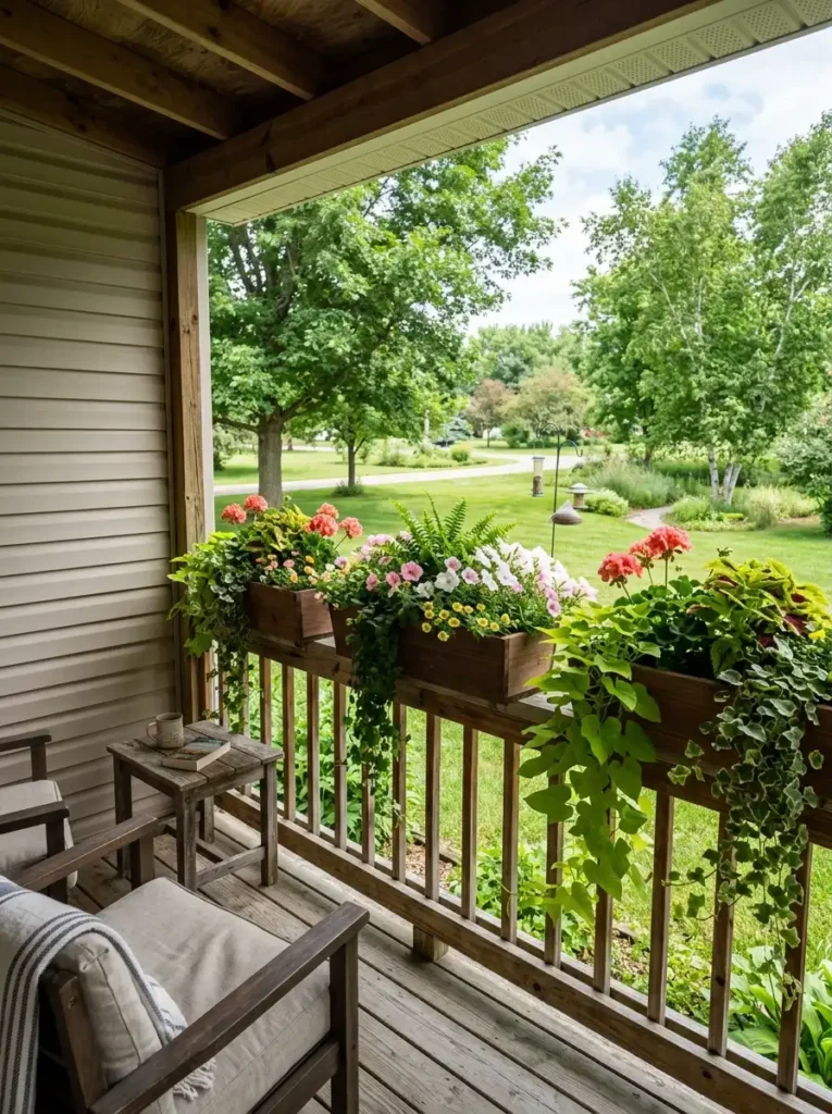 Mobile home porch railing boxes with coral, white, yellow, and pink summer flowers overlooking a green yard.