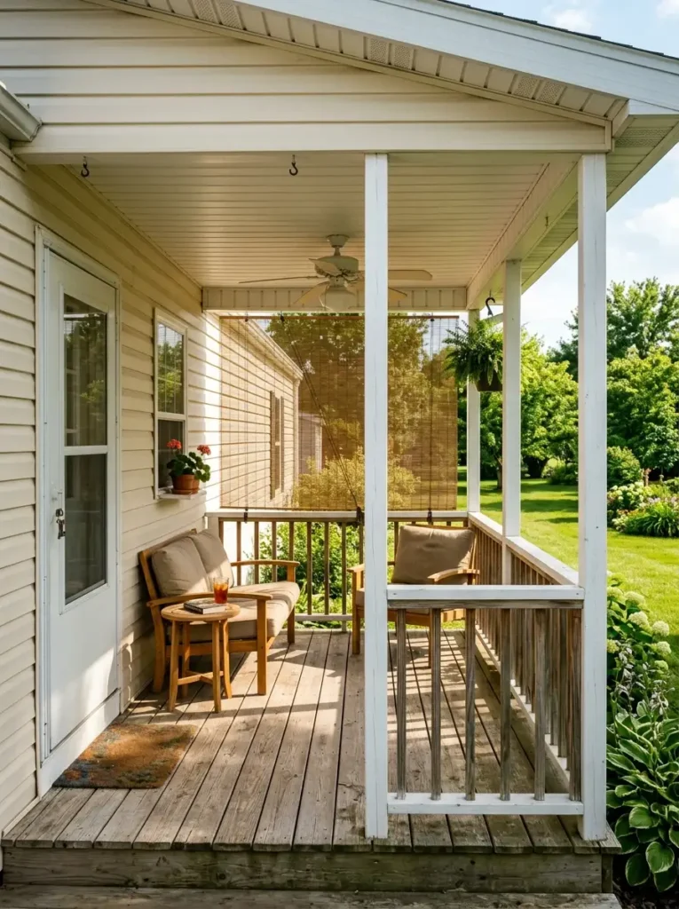 Mobile home porch with one roll-down outdoor shade protecting the seating area from strong afternoon summer sun.