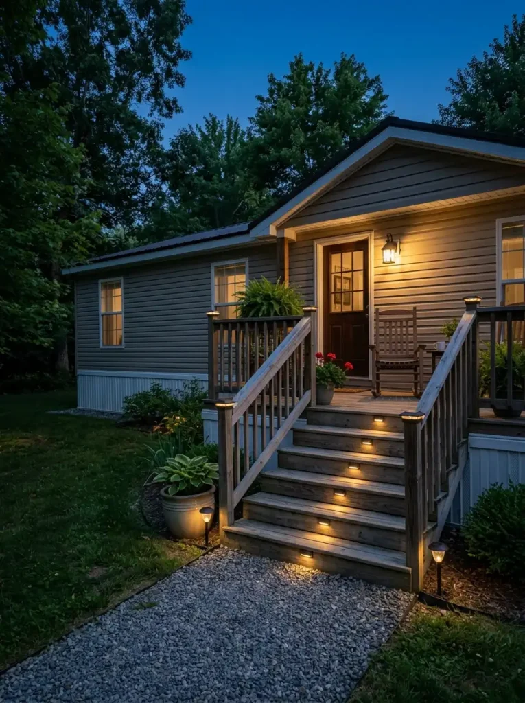 Mobile home porch at blue hour with warm solar step lights, subtle railing lights, planters, and illuminated front entry.