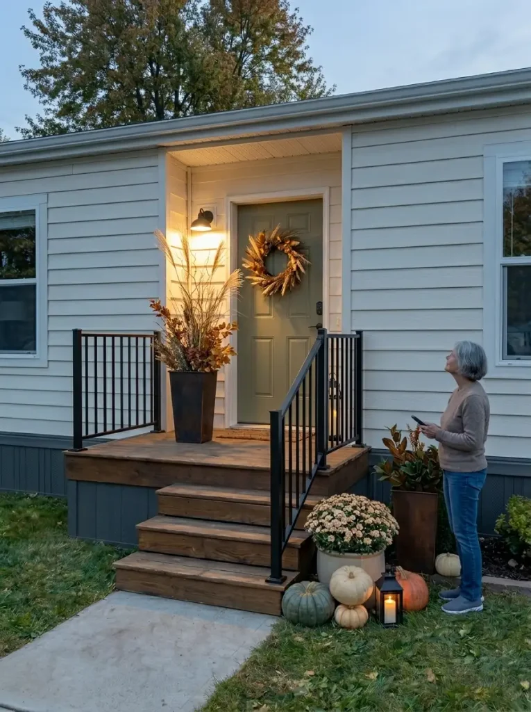 Mobile home exterior at dusk with warm porch lighting illuminating an olive-green front door, fall wreath, pumpkins, planter, and lantern.