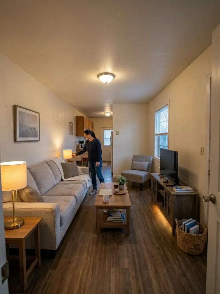 Warm lamps at seating level soften the room while keeping the walkway and connected kitchen clearly visible.