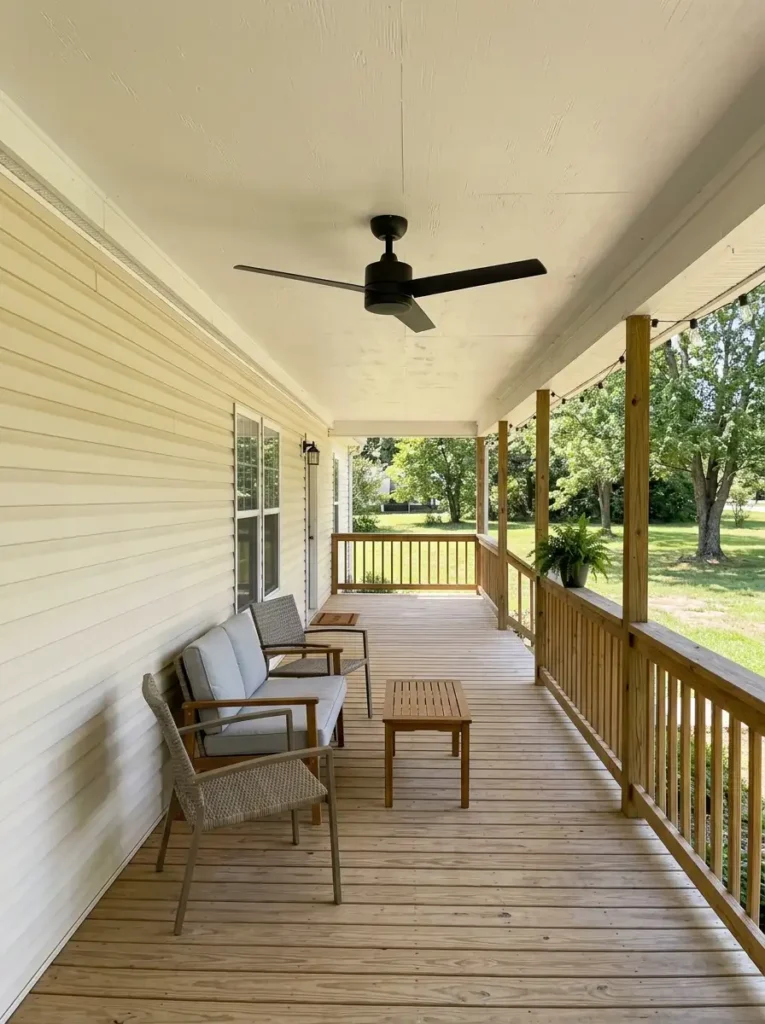 Mobile home covered porch with outdoor ceiling fan centered above a compact seating area and clear entry walkway.