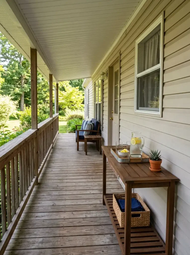 Narrow mobile home porch with slim outdoor drink station, glass pitcher, glasses, small plant, and clear walking space.