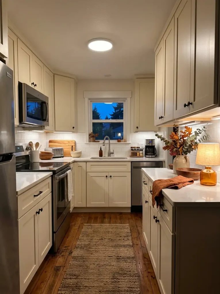 Cozy mobile home kitchen at dusk with warm under-cabinet lighting, ambient lamp light, wood accents, and autumn decor.