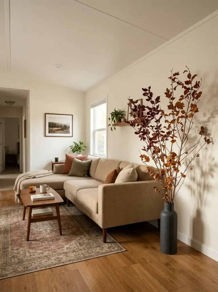 Tall ceramic floor vase with rust and burgundy autumn branches in the corner of a neutral mobile home living room.