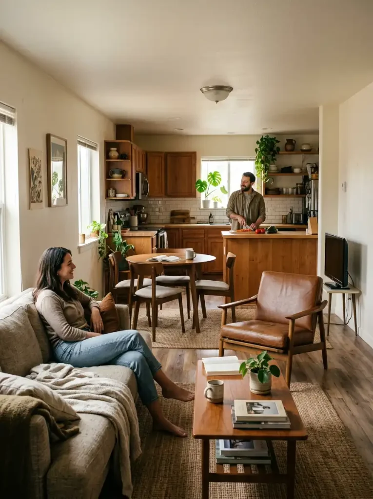 Living-room seating angled so conversation can naturally include someone working in the open kitchen.
