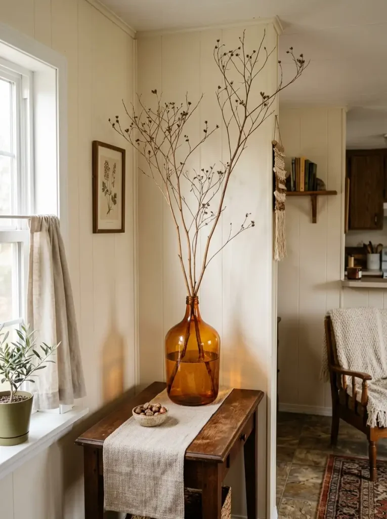 Amber glass bottle filled with sparse natural branches on a console in a warm mobile home interior.