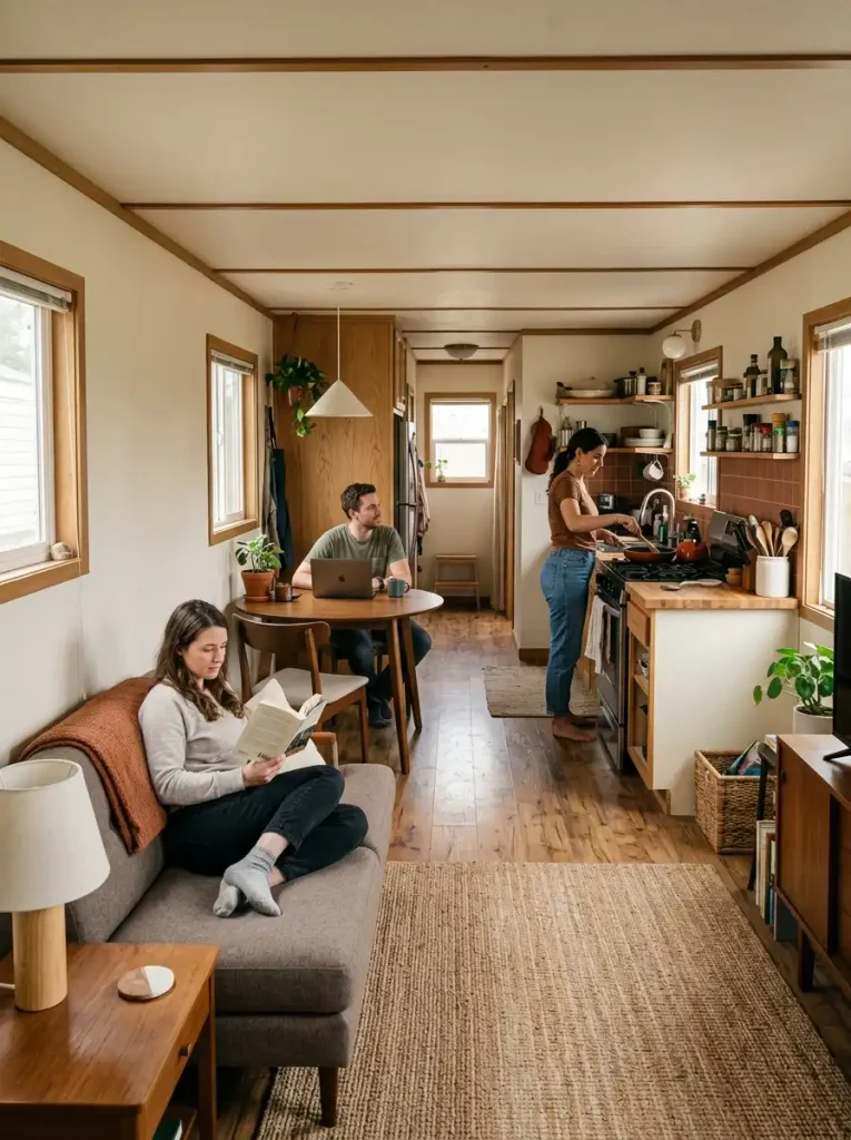 Single wide living, dining, and kitchen arranged from a quiet living end through a social dining middle to an active kitchen.