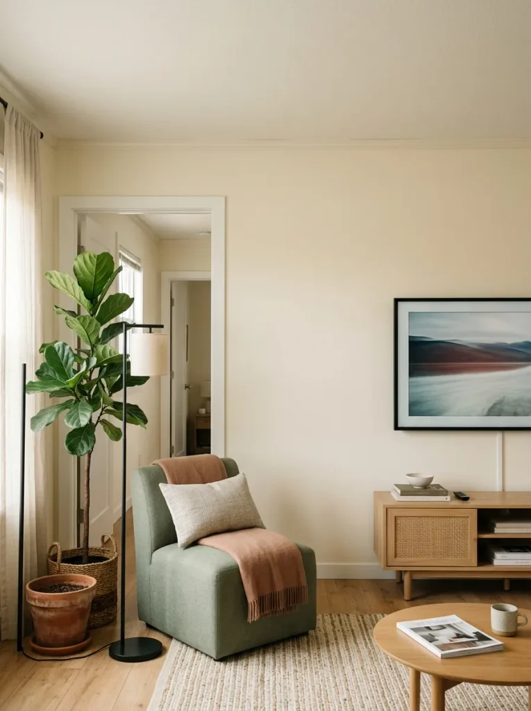 Asymmetrical TV wall balanced with a tall plant, floor lamp, and accent chair in a narrow single wide.