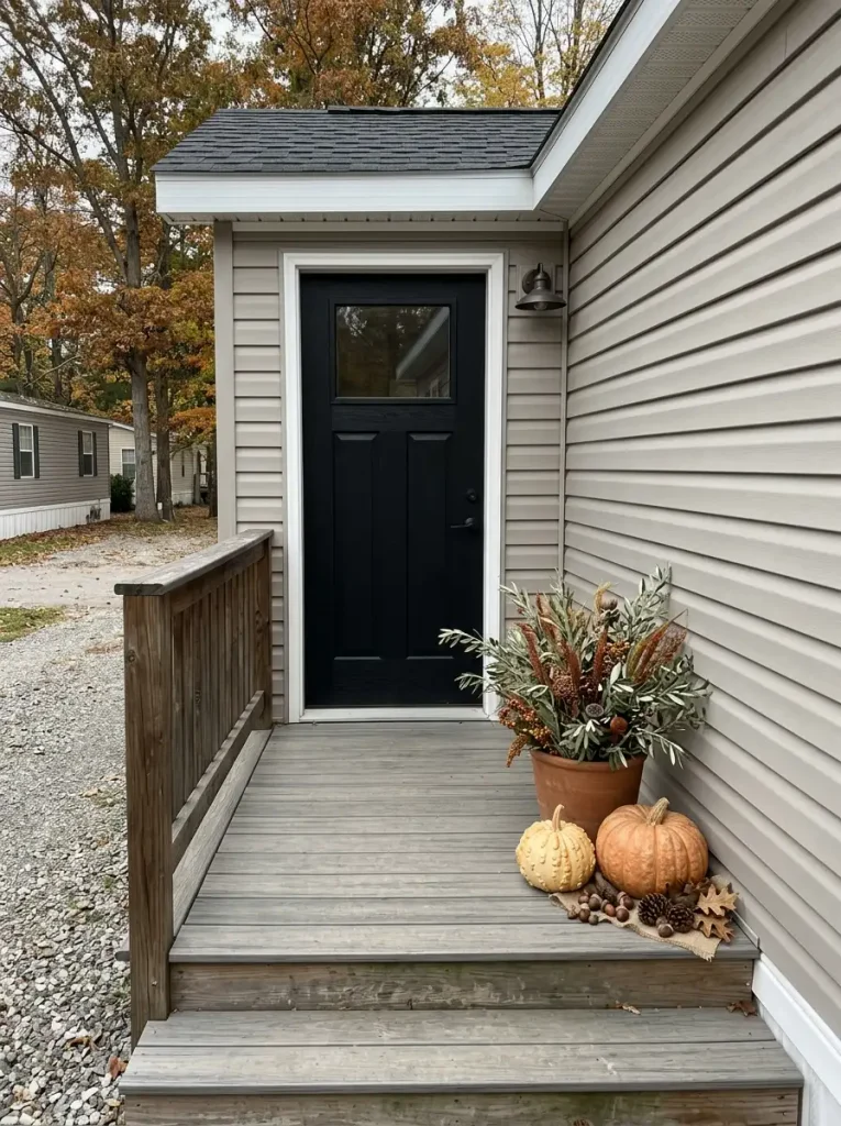 Small mobile home porch with pumpkins and planter arranged on one side while the opposite side stays open.