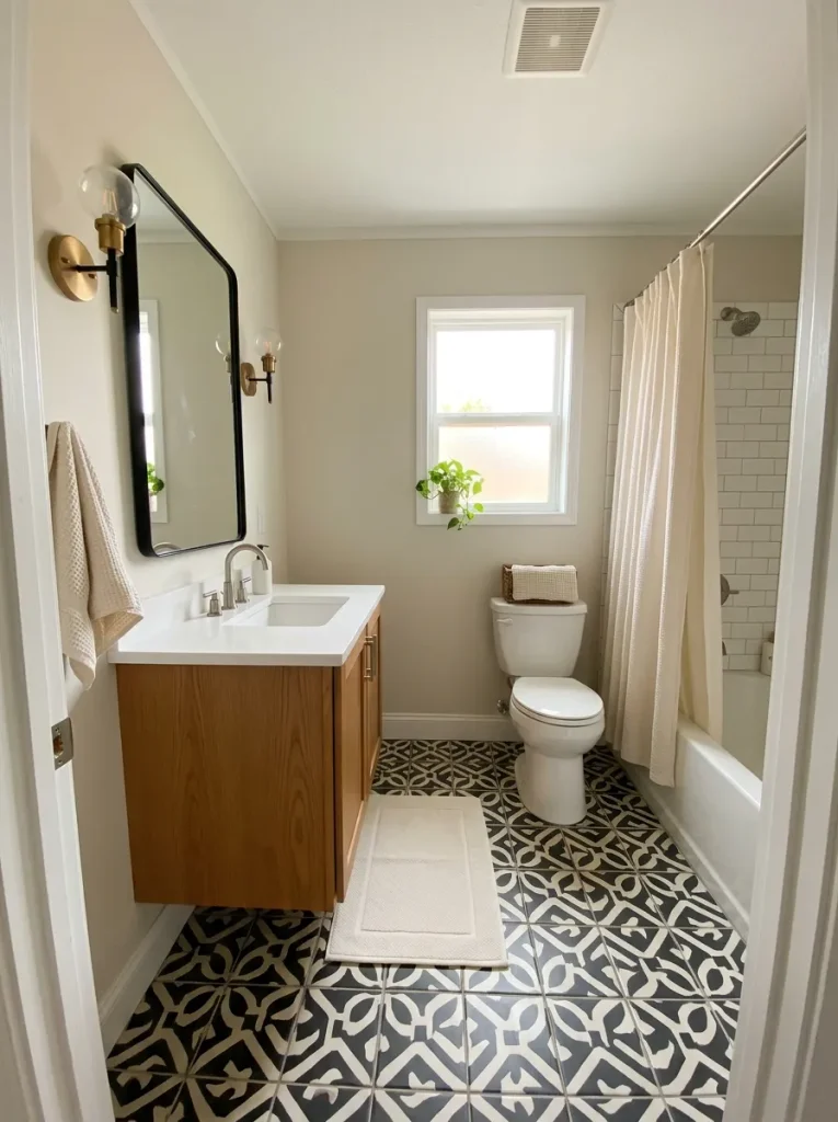 Double-wide bathroom with a bold geometric floor balanced by quiet walls and a warm wood vanity.