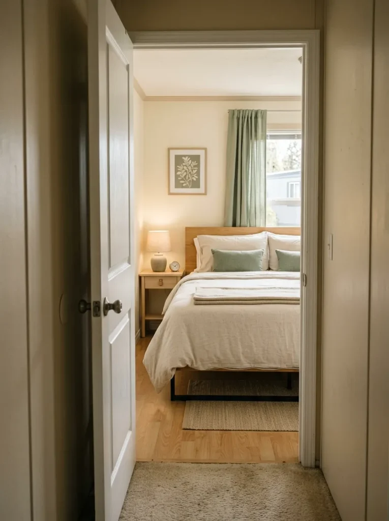 Neatly reset bed visible through a single-wide bedroom doorway from the hallway.