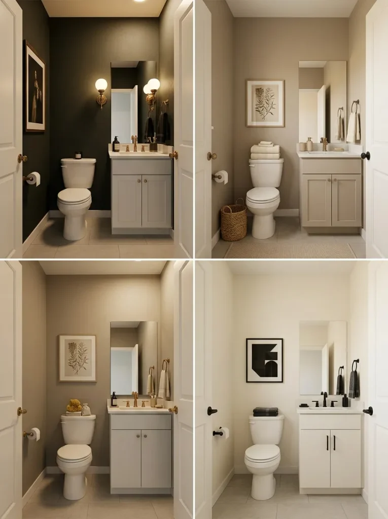 Same small single-wide bathroom shown in moody boutique, organic spa, and modern graphic styling directions.