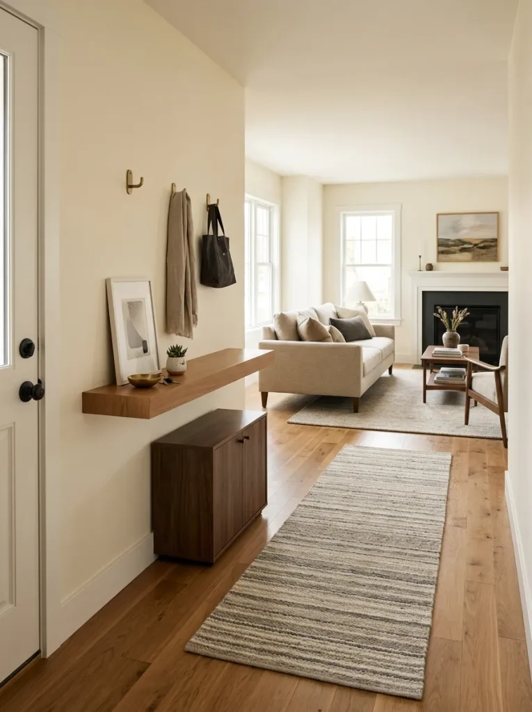 Slim double-wide entry console and runner create a landing zone while keeping the path into the living room open.
