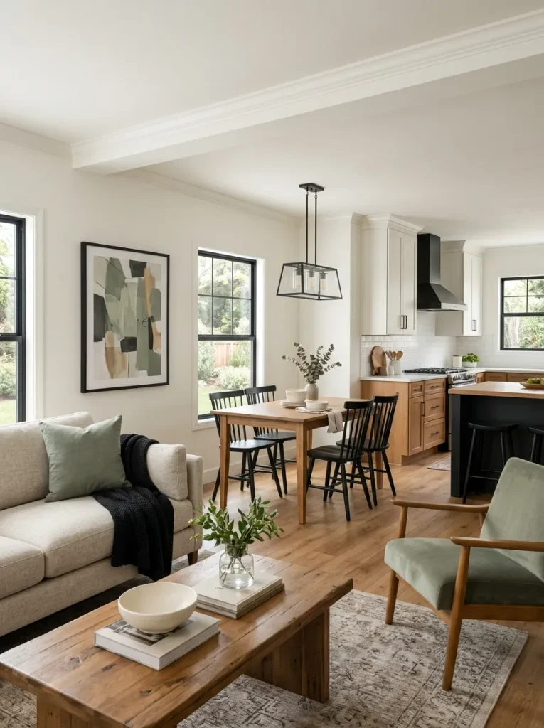Double-wide living, dining, and kitchen zones unified by creamy neutrals, warm oak, charcoal details, and muted sage accents.