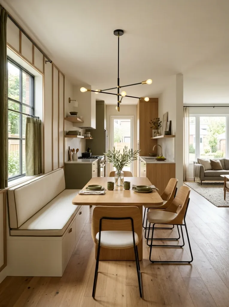 Modern double wide dining area with a wall-integrated bench that preserves the main walkway between kitchen and living spaces.