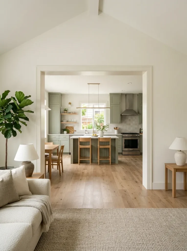 Wide modern double wide opening finished with coordinated casing and trim, framing the kitchen from the living room.