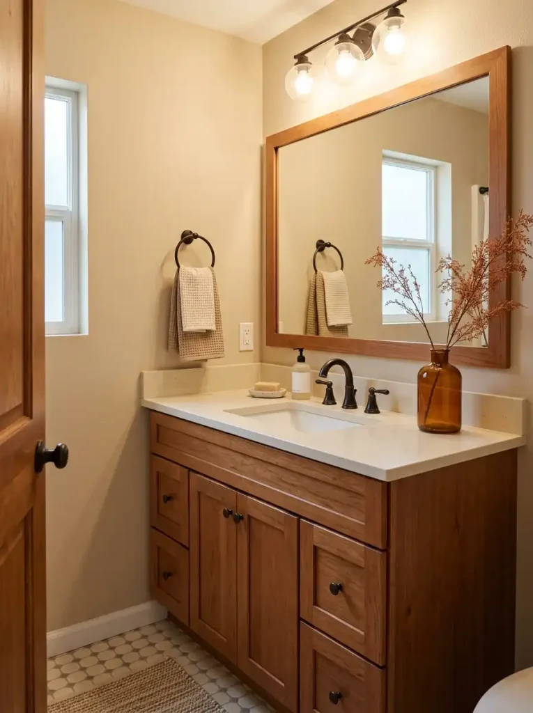 Mobile home bathroom vanity with amber vase and rust branches reflected in the mirror