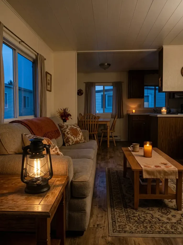 Mobile home living room at dusk with warm battery lanterns and jar candles glowing at different depths through the space.