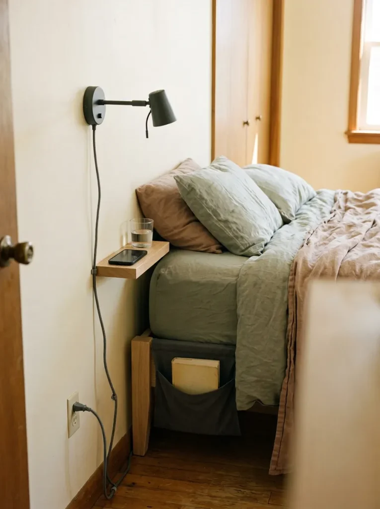 Narrow bedside function zone with a shallow ledge, plug-in reading light, and bedside pocket.