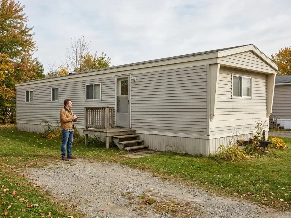 Older single-wide mobile home before fall renovation with weathered siding, faded skirting, and a small wood entry porch.